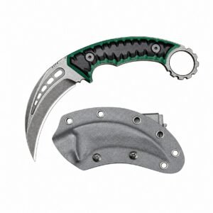 Karambit-Messer mit feststehender Klinge – Klauenmesser aus D2-Stahl mit G10-Griff und grüner Scheide