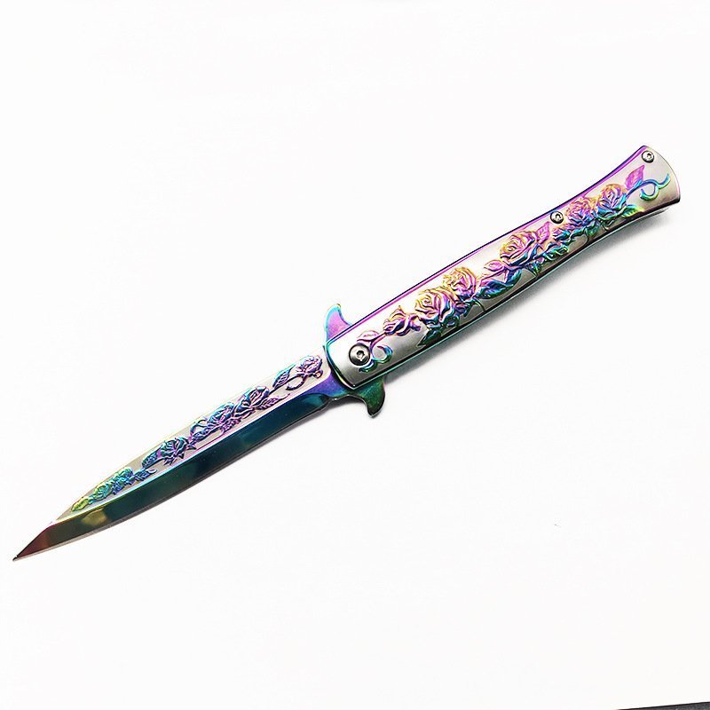 O1CN01ULBuQ11XThVj8mBoj_2206512902925-0-cib.jpg Stiletto-Messer mit Titan-Rose-Gravur – Farbfinish-Design